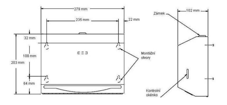 AZP BRNO zásobník na skladané papierové uteráky, so zámkom, nástenný, brúsená nerez 2002 Technický nákres