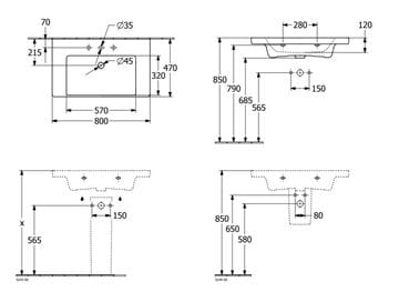VILLEROY & BOCH SUBWAY 3.0 umývadlo 80 cm, s otvorom pre batériu a prepadom, alpská biela 4A708001 Technický nákres