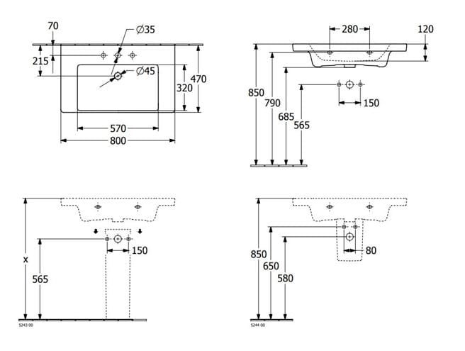 VILLEROY & BOCH SUBWAY 3.0 umývadlo 80 cm, s otvorom pre batériu a prepadom, alpská biela 4A708001 Technický nákres
