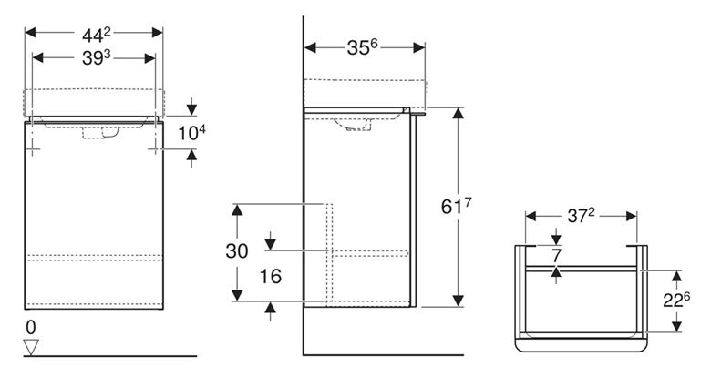 GEBERIT SMYLE SQUARE skrinka pod umývadlo 44,2x35,6x61,7 cm, 1 dvierka, pánty vpravo, lesklá biela 500.350.00.1 Technický nákres