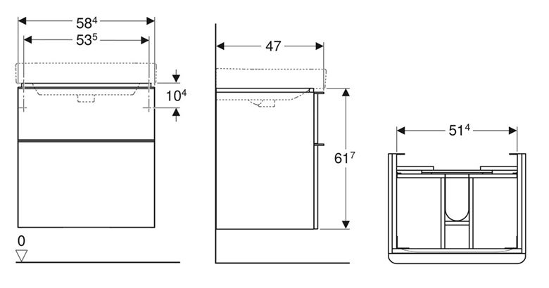 GEBERIT SMYLE SQUARE skrinka pod umývadlo 58,4x47x61,7 cm, 2 zásuvky, lesklá biela 500.352.00.1 Technický nákres