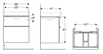 GEBERIT SMYLE SQUARE skrinka pod umývadlo 58,4x47x61,7 cm, 2 zásuvky, matná lávová 500.352.JK.1 Technický nákres