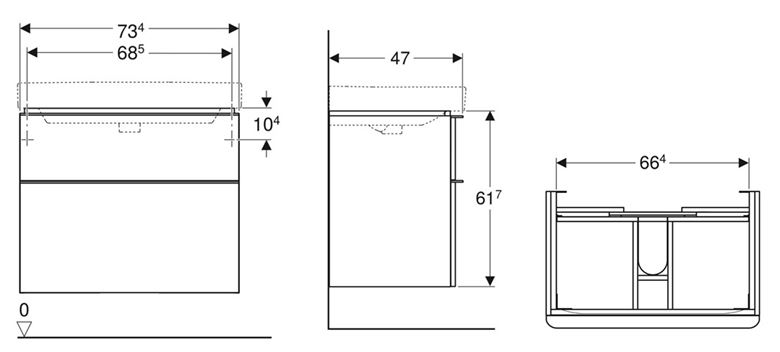 GEBERIT SMYLE SQUARE skrinka pod umývadlo 73,4x47x61,7 cm, 2 zásuvky, matná lávová 500.353.JK.1 Technický nákres