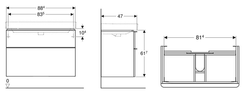 GEBERIT SMYLE SQUARE skrinka pod umývadlo 88,4x47x61,7 cm, 2 zásuvky, lesklá biela 500.354.00.1 Technický nákres