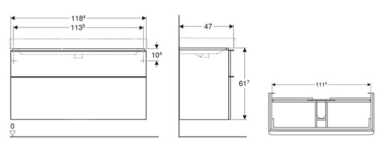GEBERIT SMYLE SQUARE skrinka pod umývadlo 118,4x47x61,7 cm, 2 zásuvky, lesklá biela 500.355.00.1 Technický nákres