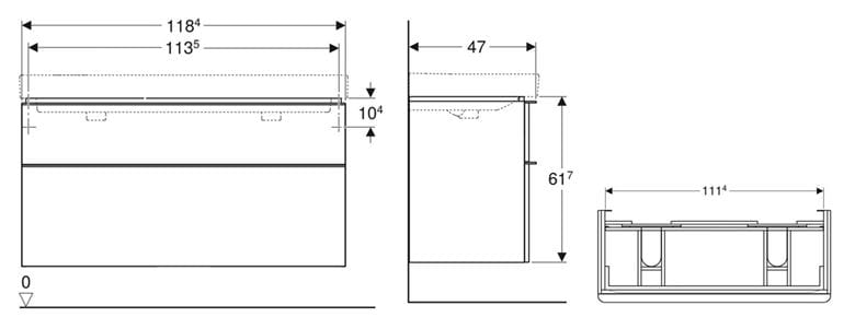 GEBERIT SMYLE SQUARE skrinka pod dvojumývadlo 118,4x47x61,7 cm, 2 zásuvky, matná lávová 500.356.JK.1 Technický nákres