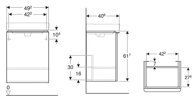 GEBERIT SMYLE SQUARE skrinka pod umývadlo 49,2x40,6x61,7 cm, 1 dvierka, pánty vpravo, lesklá biela 500.363.00.1 Technický nákres