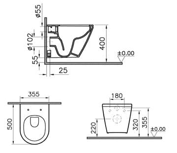 VITRA INTEGRA závesné WC, Rim-ex splachovanie, VitrAhygiene 7040B003-0075 Technický nákres