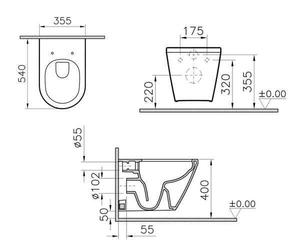 VITRA INTEGRA závesné WC, Rim-ex splachovanie, VitrAhygiene 7041B003-0075 Technický nákres