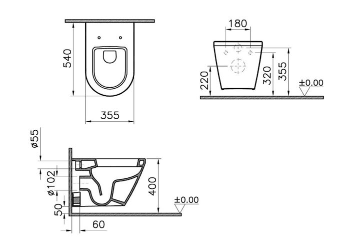 VITRA INTEGRA závesné WC, VitrAhygiene 7060B003-0075 Technický nákres