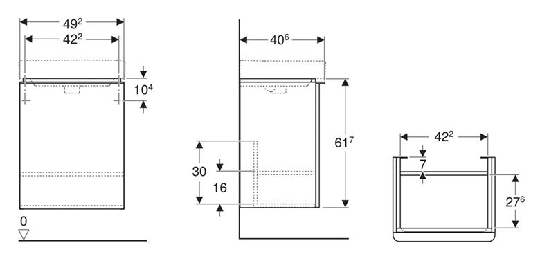 GEBERIT SMYLE SQUARE skrinka pod umývadlo 49,2x40,6x61,7 cm, 1 dvierka, pánty vľavo, matná lávová 500.364.JK.1 Technický nákres