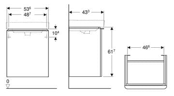 GEBERIT SMYLE SQUARE skrinka pod umývadlo 53,6x43,3x61,7 cm, 1 dvierka, pánty vpravo, lesklá biela 500.365.00.1 Technický nákres