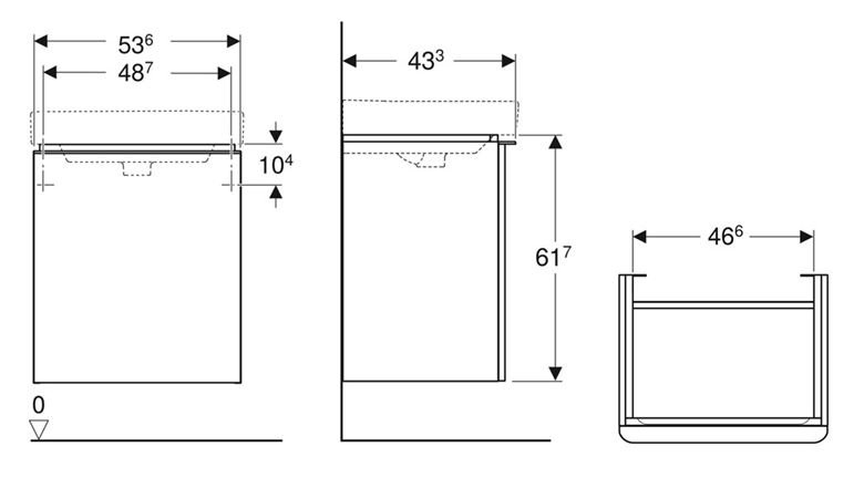 GEBERIT SMYLE SQUARE skrinka pod umývadlo 53,6x43,3x61,7 cm, 1 dvierka, pánty vpravo, orech hickory 500.365.JR.1 Technický nákres