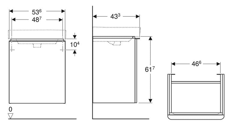 GEBERIT SMYLE SQUARE skrinka pod umývadlo 53,6x43,3x61,7 cm, 1 dvierka, pánty vľavo, matná lávová 500.366.JK.1 Technický nákres