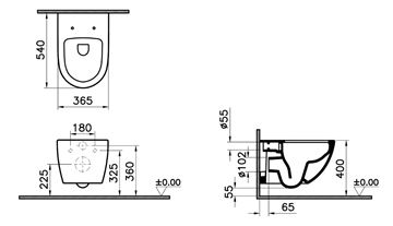 VITRA SENTO závesné WC, Rim-ex splachovanie, VitrAhygiene 7748B003-0075 Technický nákres