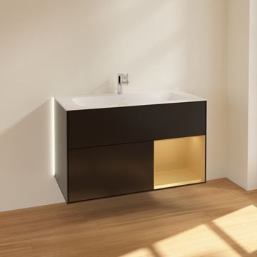 VILLEROY & BOCH FINION skrinka pod umývadlo 99,6x49,8x59,1 cm, 3 zásuvky, 1 polica, Push-open, s osvetlením, Black Matt Lacquer/Gold Matt G040HFPD Obrázek - fotka