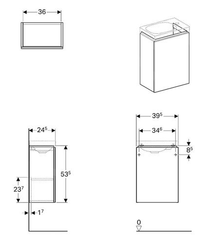 GEBERIT ACANTO skrinka pod umývadlo 39,5x24,5x53,5 cm, 1 dvierka, Push-open, lesklá biela 500.607.01.2 Technický nákres