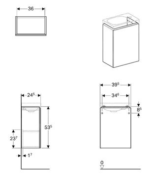 GEBERIT ACANTO skrinka pod umývadlo 39,5x24,5x53,5 cm, 1 dvierka, Push-open, lesklá biela 500.607.01.2 Technický nákres