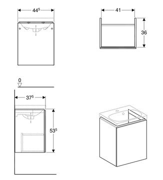GEBERIT ACANTO skrinka pod umývadlo 44,5x37,5x53,5 cm, 1 dvierka, Push-open, lesklá biela 500.608.01.2 Technický nákres