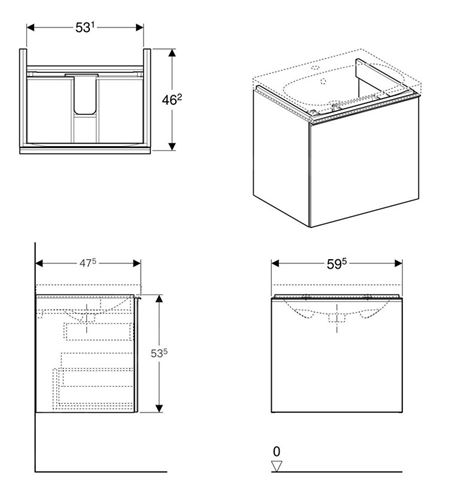 GEBERIT ACANTO skrinka pod umývadlo 59,5x47,5x53,5 cm, 1zásuvka, lesklá biela 500.609.01.2 Technický nákres