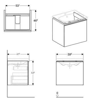 GEBERIT ACANTO skrinka pod umývadlo 59,5x47,5x53,5 cm, 1zásuvka, lesklá biela 500.609.01.2 Technický nákres