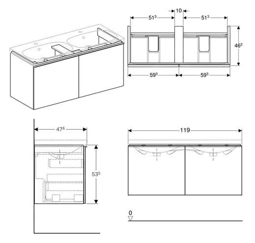 GEBERIT ACANTO skrinka pod dvojumývadlo 119x53,5x47,6 cm, 2 zásuvky, lesklá biela 500.613.01.2 Technický nákres