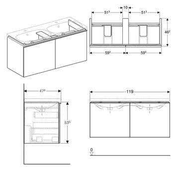 GEBERIT ACANTO skrinka pod dvojumývadlo 119x53,5x47,6 cm, 2 zásuvky, lesklá biela 500.613.01.2 Technický nákres
