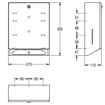 KWC RODAN RODX600 zásobník na skladané papierové uteráky, so zámkom, nástenný, matná nerez 2000090056 Technický nákres