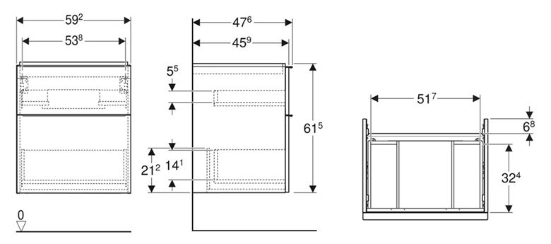 GEBERIT ICON skrinka pod umývadlo 59,2x47,6x61,5 cm, 2 zásuvky, lesklá biela 502.303.01.2 Technický nákres