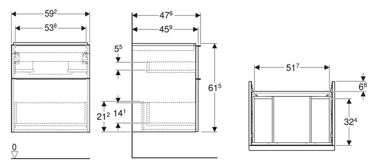 GEBERIT ICON skrinka pod umývadlo 74x47, 6x61, 5 cm, 2 zásuvky, matná biela 502.304.01.3 Technický nákres