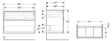 GEBERIT ICON skrinka pod umývadlo 88,8x47,6x61,5 cm, 2 zásuvky, lesklá biela 502.305.01.2 Technický nákres