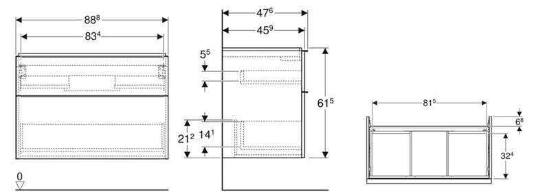 GEBERIT ICON skrinka pod umývadlo 88,8x47,6x61,5 cm, 2 zásuvky, lesklá biela 502.305.01.2 Technický nákres