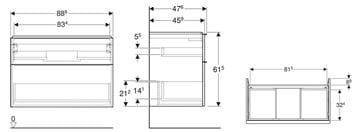 GEBERIT ICON skrinka pod umývadlo 88,8x47,6x61,5 cm, 2 zásuvky, dub 502.305.JH.1 Technický nákres
