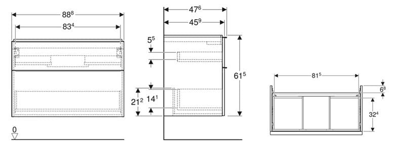 GEBERIT ICON skrinka pod umývadlo 88,8x47,6x61,5 cm, 2 zásuvky, matná lávová 502.305.JK.1 Technický nákres