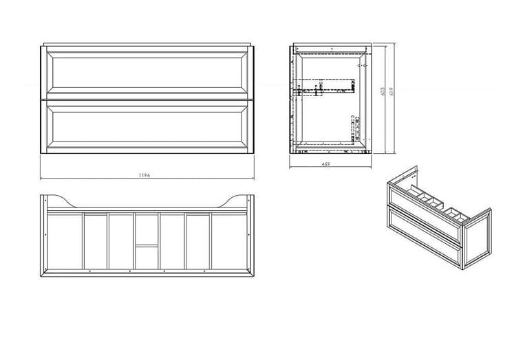 CONCEPT RETRO skrinka pod umývadlo 119,6x45,9x60,3 cm, 2 zásuvky, matná béžová OR47-SD2S-120-10 Technický nákres