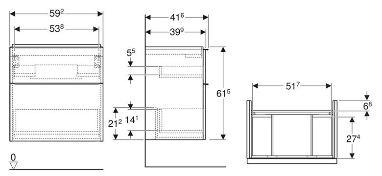 GEBERIT ICON skrinka pod umývadlo 59,2x41,6x61,5 cm, závesná, 2 zásuvky, lesklá biela 502.307.01.1 Technický nákres