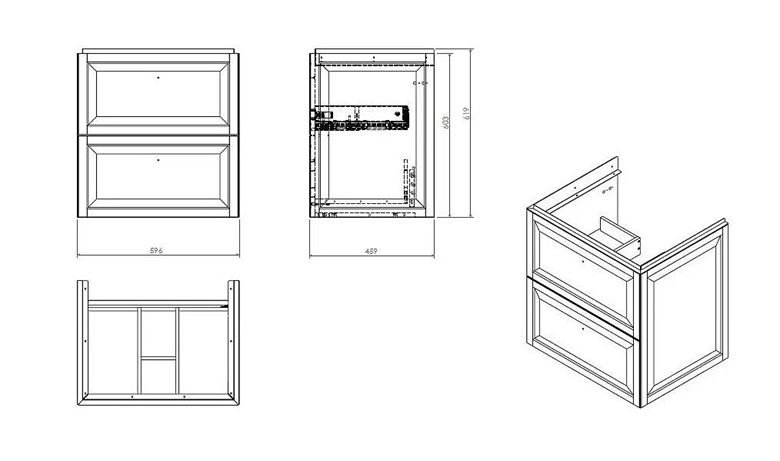 CONCEPT RETRO skrinka pod umývadlo 59,6x45,9x60,3 cm, 2 zásuvky, matná béžová OR47-SD2S-60-10 Technický nákres