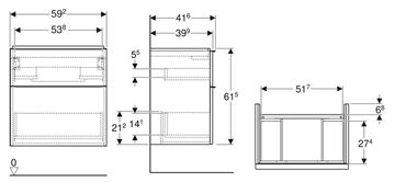 GEBERIT ICON skrinka pod umývadlo 59,2x41,6x61,5 cm, závesná, 2 zásuvky, matná biela 502.307.01.3 Technický nákres