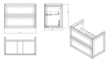 CONCEPT RETRO skrinka pod umývadlo 79,6x45,9x60,3 cm, 2 zásuvky, matná biela OR47-SD2S-80-2 Technický nákres