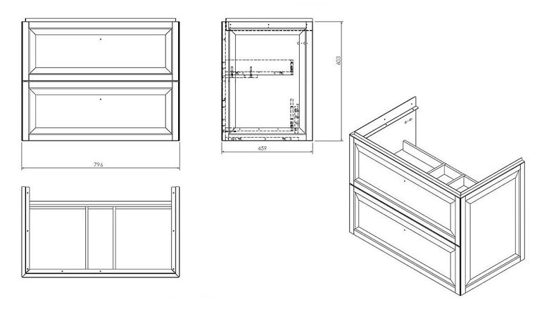 CONCEPT RETRO skrinka pod umývadlo 79,6x45,9x60,3 cm, 2 zásuvky, matná biela OR47-SD2S-80-2 Technický nákres