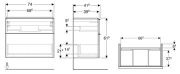 GEBERIT ICON skrinka pod umývadlo 740x416x615mm, závesná, 2 zásuvky, úchytka matná biela, lakovaná matná biela 502.308.01.3 Technický nákres