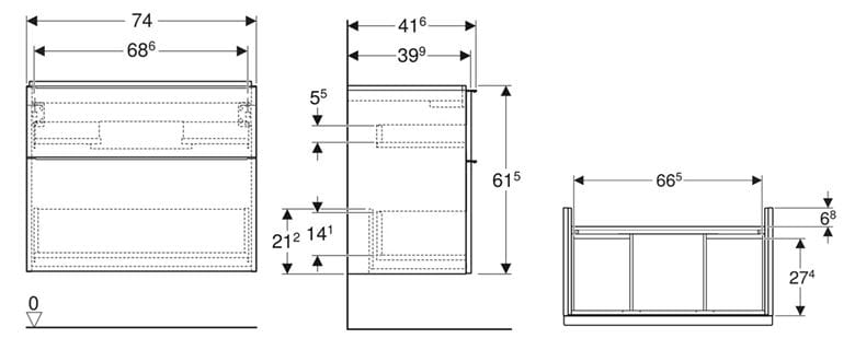 GEBERIT ICON skrinka pod umývadlo 740x416x615mm, závesná, 2 zásuvky, úchytka matná biela, lakovaná matná biela 502.308.01.3 Technický nákres