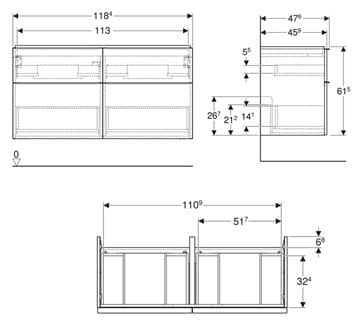GEBERIT ICON skrinka pod dvojumývadlo 118,4x47,6x61,5 cm, 4 zásuvky, dub 502.309.JH.1 Technický nákres