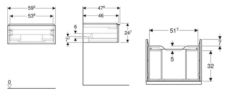 GEBERIT ICON skrinka pod umývadlo 59,2x47,6x24,7 cm, 1 zásuvka, matná lávová 502.310.JK.1 Technický nákres