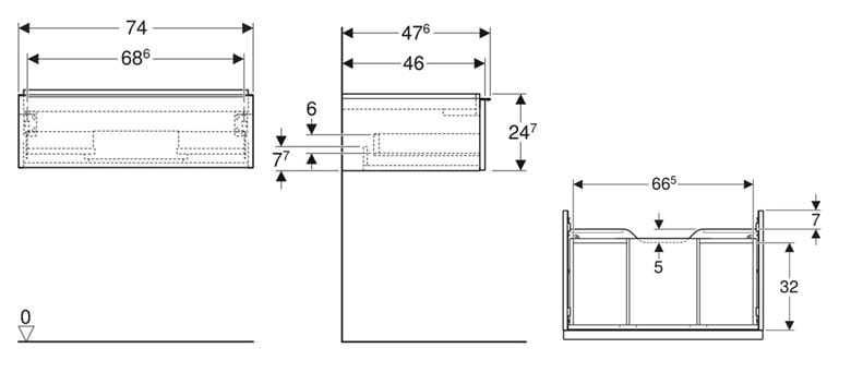 GEBERIT ICON skrinka pod umývadlo 74x47, 6x24, 7 cm, 1 zásuvka, lesklá biela 502.311.01.1 Technický nákres