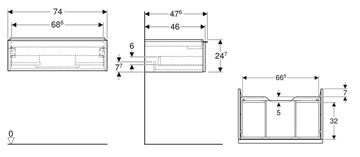 GEBERIT ICON skrinka pod umývadlo 74x47, 6x24, 7 cm, 1 zásuvka, lesklá biela 502.311.01.2 Technický nákres