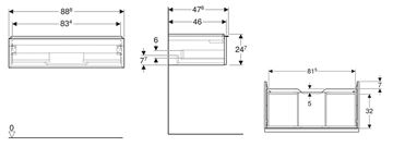 GEBERIT ICON skrinka pod umývadlo 88,8x47,6x24,7 cm, 1 zásuvka, lesklá biela 502.312.01.1 Technický nákres