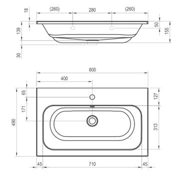 RAVAK CHROME SLIM umývadlo 80 cm, s otvorom pre batériu a prepadom, liaty mramor XJG01180001 Technický nákres