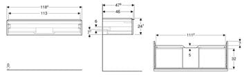 GEBERIT ICON skrinka pod umývadlo 118,4x47,6x24,7 cm, 1 zásuvka, lesklá biela 502.313.01.2 Technický nákres