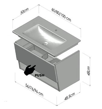 CONCEPT 400 skrinka pod umývadlo 96x48, 5x48 cm, 1 zásuvka, 1 polica, Push-open, lesklá biela C400.100.B Technický nákres